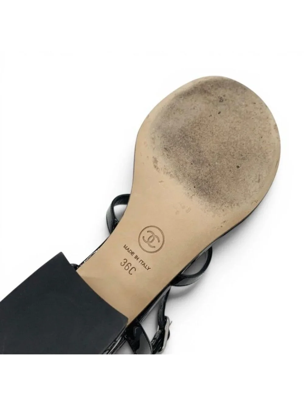 Chanel Sandals Shoes Patent Black Silver CC Logo Camellia Strap Thong